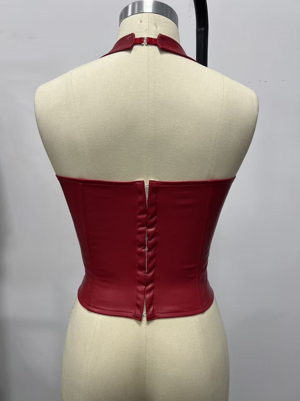 Womens Red Gingham Halter Corset Top - Slim Fishbone Tank Top